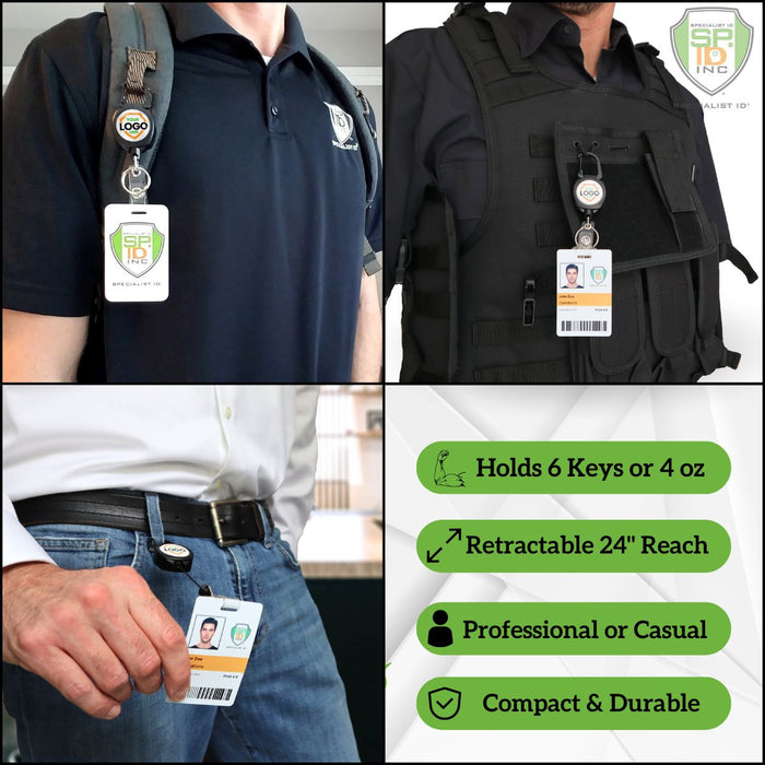 A collage shows three people using the Custom Compact Key-Bak Retractable Carabiner ID Badge Reel with Key Ring and Your Logo with durable retractable Kevlar cords in various settings: attached to a backpack, a tactical vest, and a belt. Text highlights features like key capacity, reach, versatility, and durability of the custom carabiner badge reel.