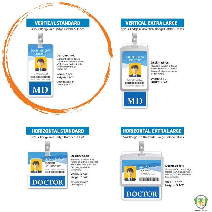 Image displaying four types of ID badges: Vertical Standard, Vertical Extra Large, Horizontal Standard, and Horizontal Extra Large, with descriptions of their dimensions and design specifications. Custom Printed Clear Badge Buddies Vertical (Standard Size) - Customize with Title and Color ensure instant role recognition while maintaining a sleek design.