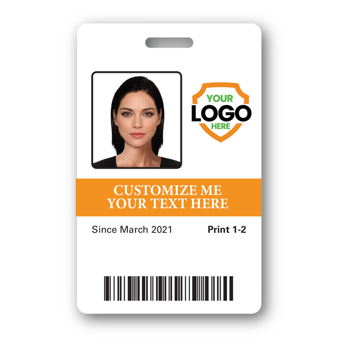 Custom Printed Photo ID Badge with a photo of a woman, space for a logo, customizable text area, barcode, and the text "Since March 2021" and "Print 1-2." Our centralized database and production facility ensure professional Custom Printed Photo ID Badge printing.