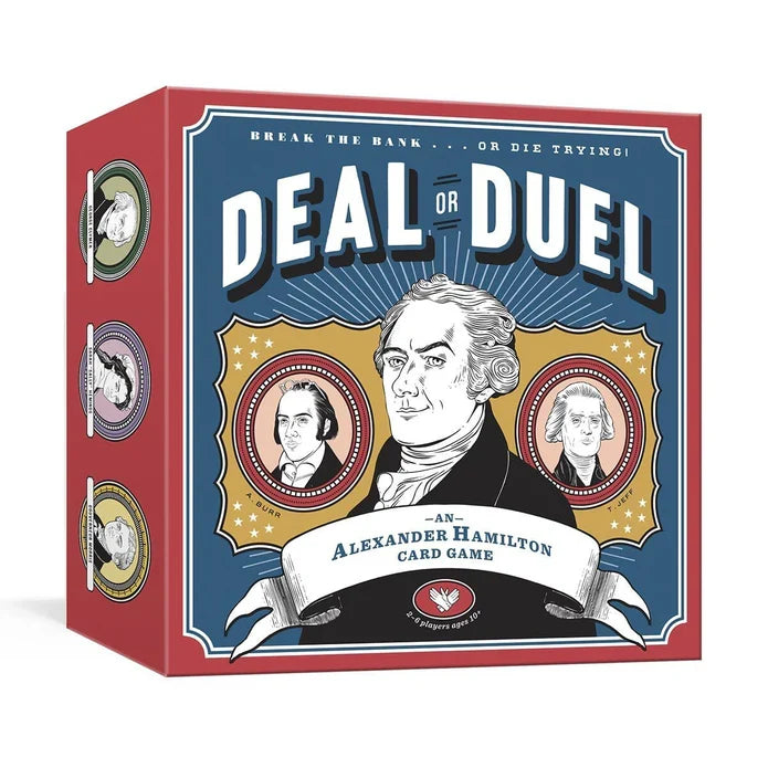 A box for the card game Deal or Duel shown against a blue background. The front features a framed illustration of Alexander Hamilton, set against a blue field with white radiating lines behind him, flanked by two men on either side. At the top, the title “DEAL OR DUEL” appears in bold white lettering, with the subtitle “—AN— Alexander Hamilton Card Game” below the portrait. The sides of the box are red and display additional illustrated figures, including two men and a woman in varied colors.