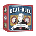 A box for the card game Deal or Duel shown against a blue background. The front features a framed illustration of Alexander Hamilton, set against a blue field with white radiating lines behind him, flanked by two men on either side. At the top, the title “DEAL OR DUEL” appears in bold white lettering, with the subtitle “—AN— Alexander Hamilton Card Game” below the portrait. The sides of the box are red and display additional illustrated figures, including two men and a woman in varied colors.