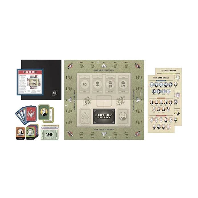 An image showing all the components of the Deal or Duel card game laid out together: stacks of action cards, historical face cards, and Hamilton cards; printed Colonial Cash totaling $3,500; a face card roster scroll; and a rectangular playing mat. The set is designed for 2–6 players, ages 10 and up.