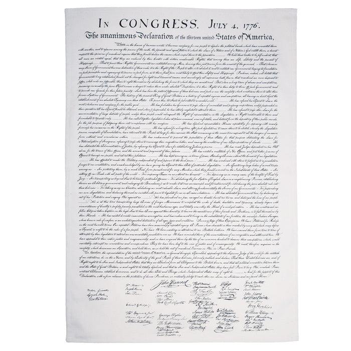 White cotton tea towel featuring the Declaration of Independence printed in black text. Made from sturdy, unbleached fabric, measuring 19 by 27.5 inches, with a loop for easy hanging.
