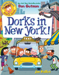 Book cover of 'Dorks in New York!' with cartoon characters and a taxi, featuring Dan Gutman and Jim Paillot.