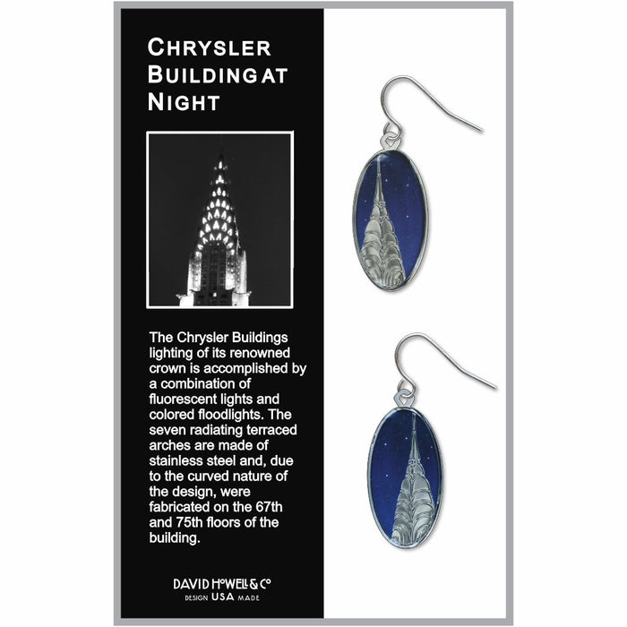 Shown in clear retail packaging, with an picture of the illuminated Chrysler Building and information about its history on the left panel, to the right a pair of oval dangle earrings features an Art Deco illustration of the landmark’s silver-toned spire and tiered arches against a starry lapis-blue night sky. The artwork is encased in polished silver-plated brass frames and hangs from hypoallergenic ear wires.