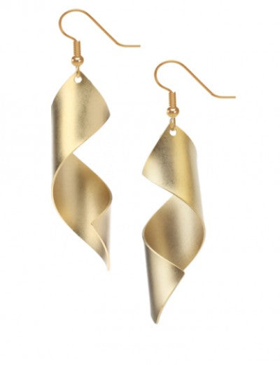 Matte gold dangle earrings inspired by a Man Ray photograph, featuring sculptural open spiral cones suspended from hypoallergenic gold wire hooks.