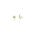 A mismatched pair of petite gold stud earrings, with one shaped like a crescent moon and the other like a star. Both are covered in tiny sparkling clear crystals, creating a delicate celestial look with a subtle golden shimmer.