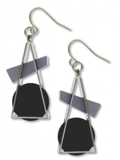Triangle At Rest earrings inspired by Wassily Kandinsky's abstract art. A pair of sculptural dangle earrings featuring open silver-plated brass geometric shapes with a prominent triangular design framing a black acrylic accent at the base. The earrings hang from hypoallergenic French wire hooks.