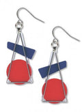 Triangle At Rest earrings inspired by Wassily Kandinsky's abstract art. A pair of sculptural dangle earrings featuring open silver-plated brass geometric shapes with a prominent triangular design framing a colorful blue/red acrylic accent at the base. The earrings hang from hypoallergenic French wire hooks.