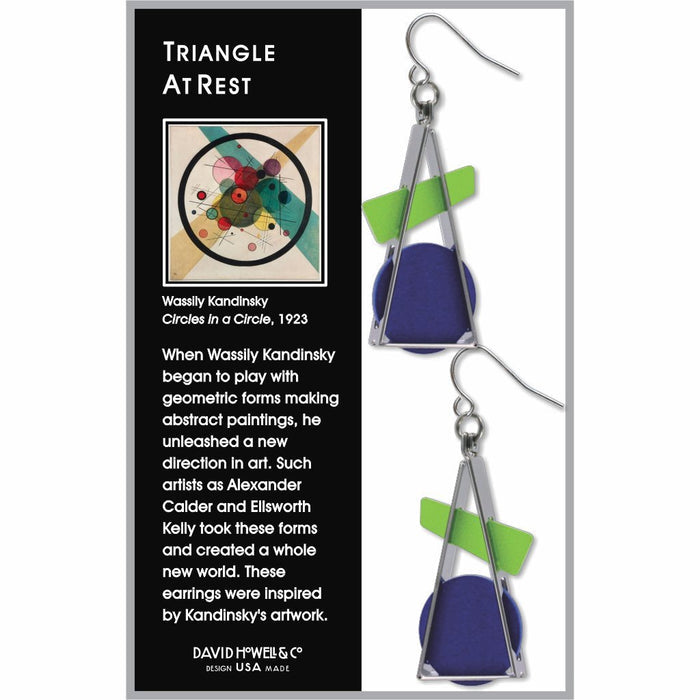 Triangle at Rest Earrings in blue/green displayed in gift packaging with a provenance card.