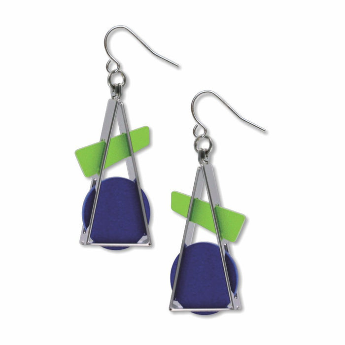 Triangle At Rest earrings inspired by Wassily Kandinsky's abstract art. A pair of sculptural dangle earrings featuring open silver-plated brass geometric shapes with a prominent triangular design framing a blue/green acrylic accent at the base. The earrings hang from hypoallergenic French wire hooks.
