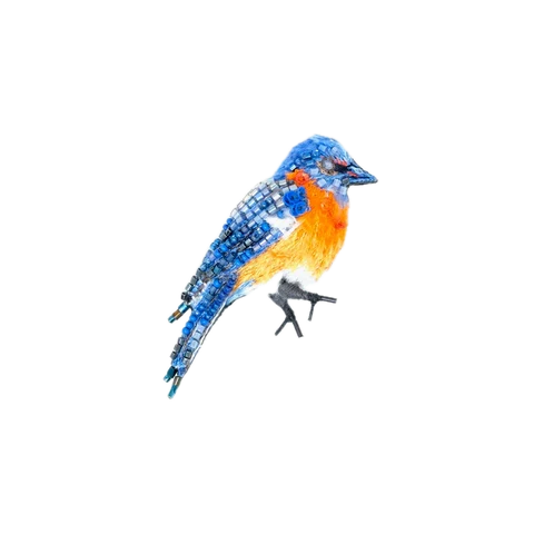 A close-up shows a hand-embroidered Eastern Bluebird brooch shaped like the small songbird, with a softly raised, textured surface. Made from glass beads and sequins over cotton and felt, it shimmers subtly, featuring aquamarine blue feathers, a warm orange breast, orange accents around the eyes, and dark grey legs and claws.