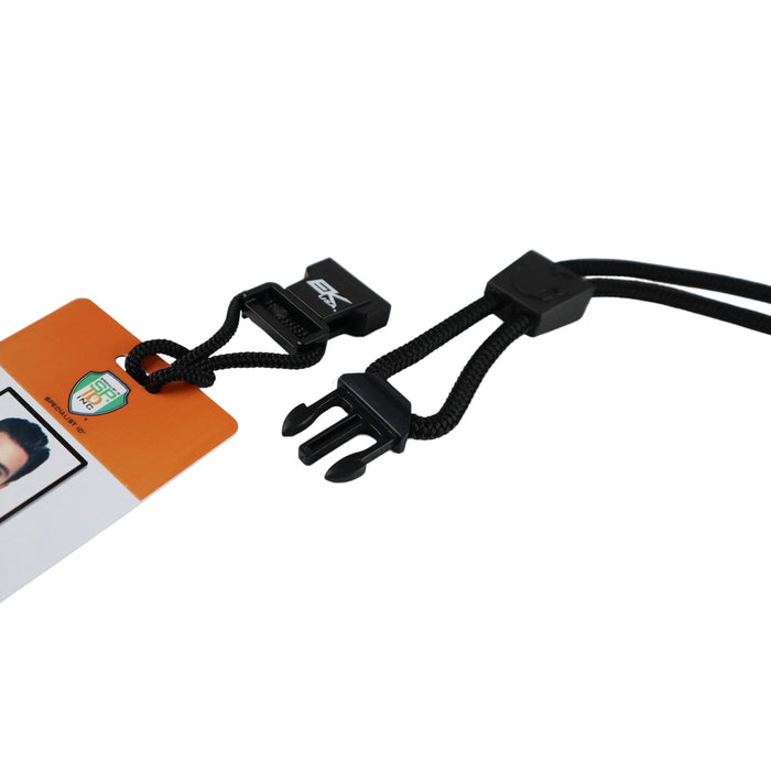 Close-up of an identification card attached to a durable nylon lanyard with a plastic detachable buckle, featuring the EK Lanyard Plus with Detachable Soft End (10252) by EK USA. Sold by Specialist ID.