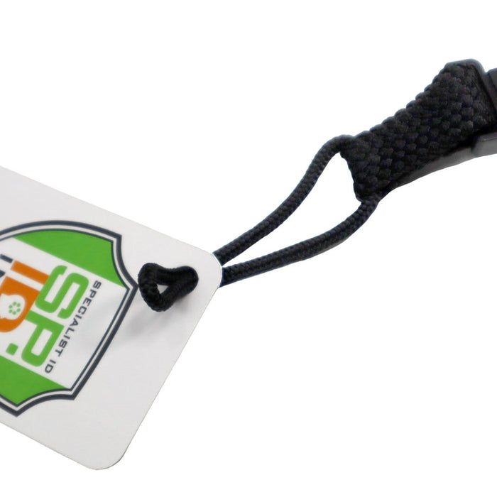 A white ID card with a shield logo and the text "Specialist ID" hangs from a black braided EK Lanyard Plus with Detachable Soft End (10252) by EK USA, designed for an active outdoor lifestyle.