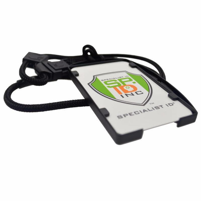A black detachable lanyard with a plastic EK Black Lanyard with Dual-Sided Smart Card Holder (10942) by EK USA displaying a card with the Specialist ID Inc logo and text.