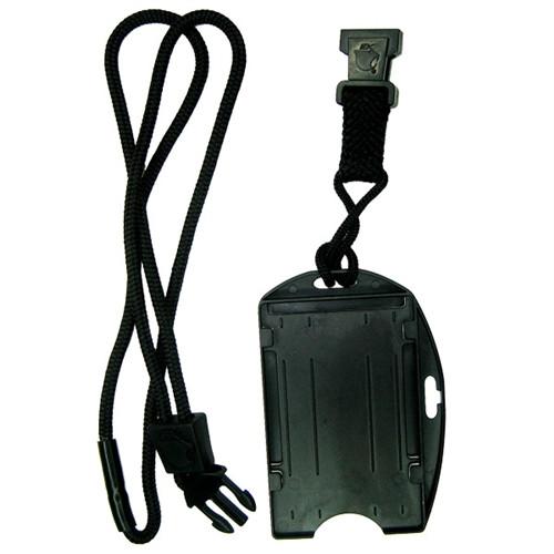 A black EK Black Lanyard with Dual-Sided Smart Card Holder (10942) by EK USA with a detachable buckle features an attached black plastic dual-sided smart card holder. Sold by Specialist ID.