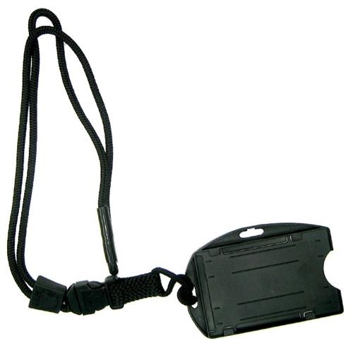 A EK Black Lanyard with Dual-Sided Smart Card Holder (10942) by EK USA from EK USA with an attached black plastic dual-sided smart card holder featuring two slots and a clip mechanism.