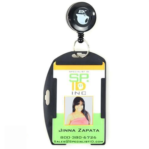 Specialist ID badge with a retractable reel and Black EK Dual Sided Smart Card Holder with Slot Holes (10574) by EK USA. The badge shows a photo, name "Jinna Zapata," company "SP ID Inc," phone number "800-380-6726," and email "Sales@SpecialistID....