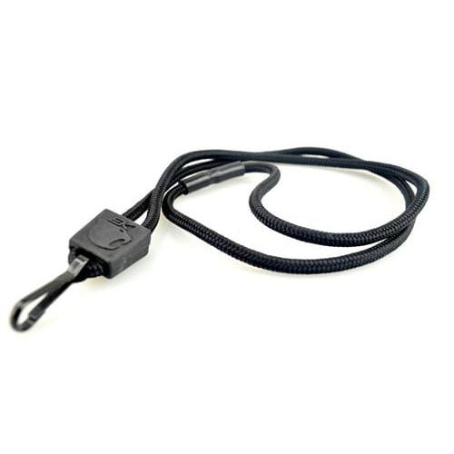 A black Nylon ID Lanyard (10024) by EK with a plastic clasp and looped attachment end, coiled on a white background. Sold by Specialist ID.