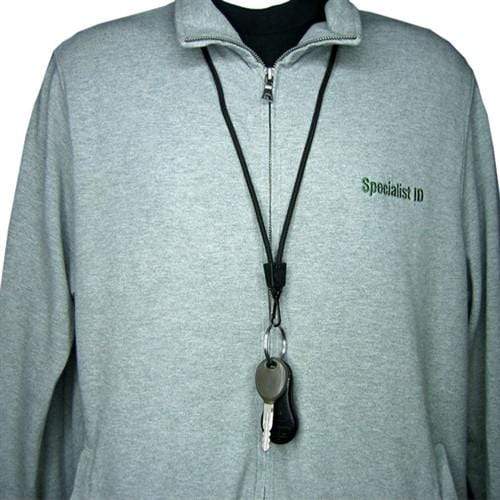 A person wearing a gray zip-up jacket with "Specialist ID" embroidered on it has a Black Nylon ID Lanyard (10024) by EK around their neck holding keys.