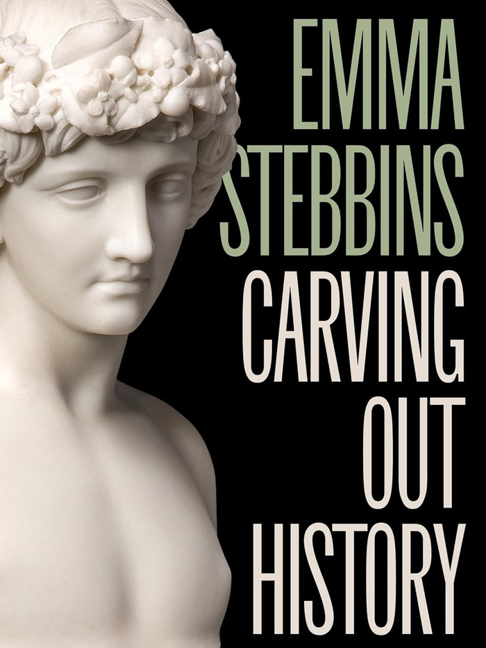 Statue of a classical figure with text 'Emma Stebbins Carving Out History' on a black background