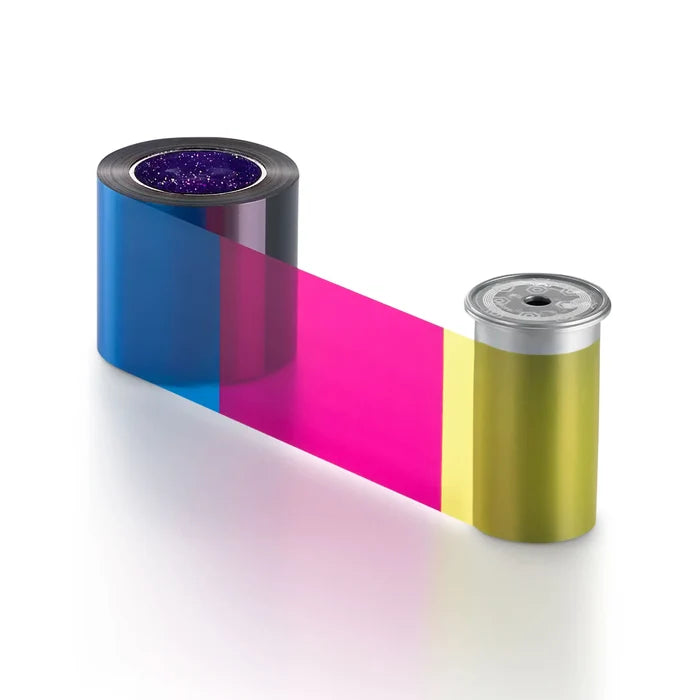 Unrolled Entrust YMCKT color ribbon showing cyan, magenta and yellow panels