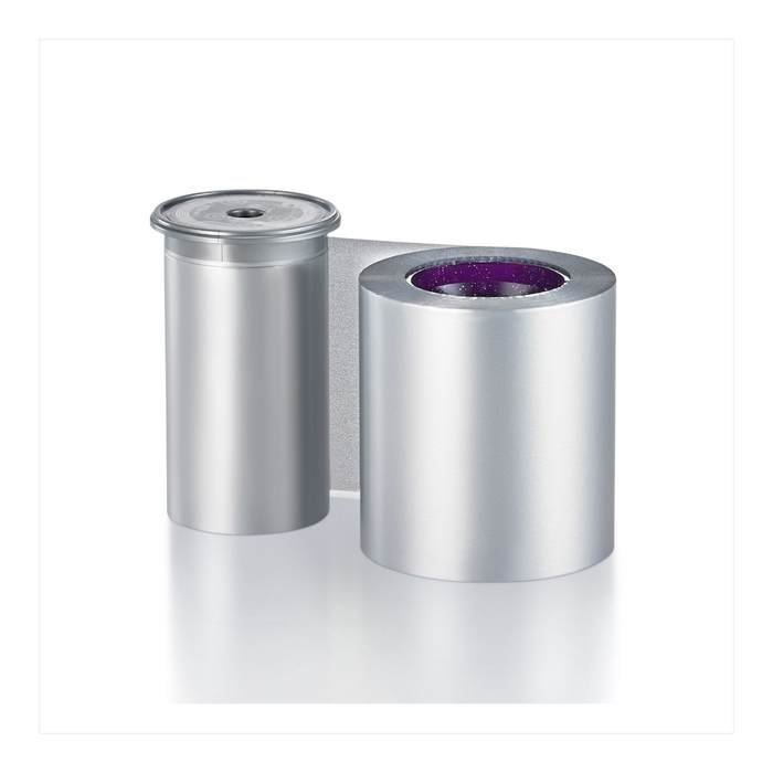 Two silver Entrust monochrome ribbon rolls on a white background