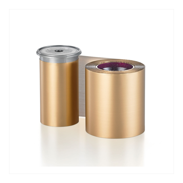 Two gold Entrust monochrome ribbon rolls on a white background