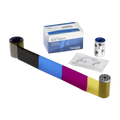 Datacard print ribbon kit, including an Entrust Datacard 534100-003 YMCKFT Ribbon - 300 Prints, Compatible with SD160, SD260, SD360, SD460 ID Card Printers for ID card printers, a cleaning roller, an instruction manual, and a box labeled "Datacard PRINT RIBBON." The kit ensures top-quality prints with authentic Entrust printer ribbons.