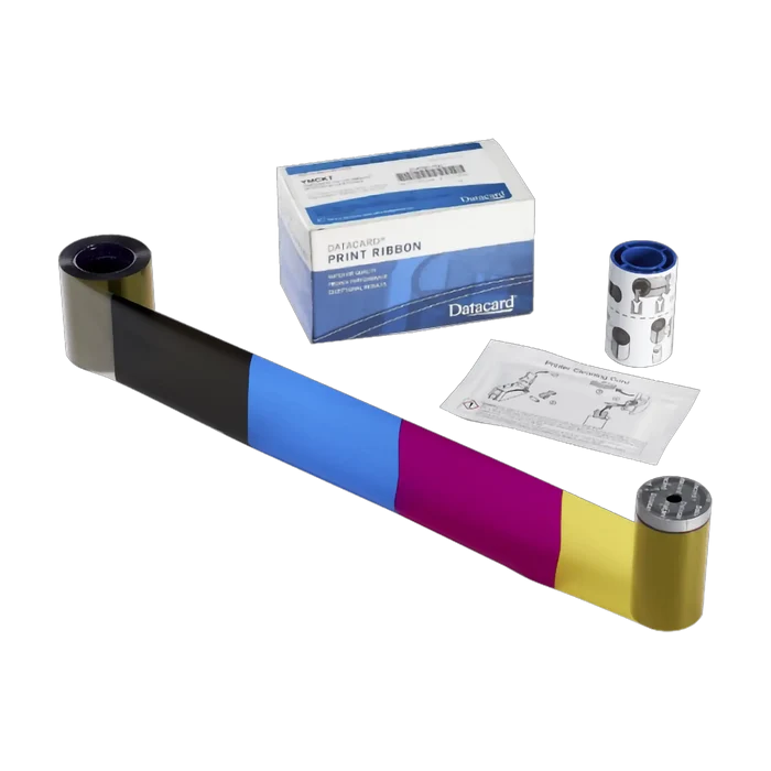Datacard print ribbon kit, including an Entrust Datacard 534100-003 YMCKFT Ribbon - 300 Prints, Compatible with SD160, SD260, SD360, SD460 ID Card Printers for ID card printers, a cleaning roller, an instruction manual, and a box labeled "Datacard PRINT RIBBON." The kit ensures top-quality prints with authentic Entrust printer ribbons.