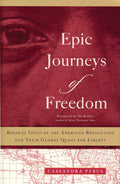 The paperback cover of Epic Journeys of Freedom by Cassandra Pybus is a striking monochrome red. A large, shadowed portrait of a man dominates the cover, his expression calm and resolute, with his gaze turned slightly to the side. The title is printed in white and centered over the portrait, standing out sharply against the red background.