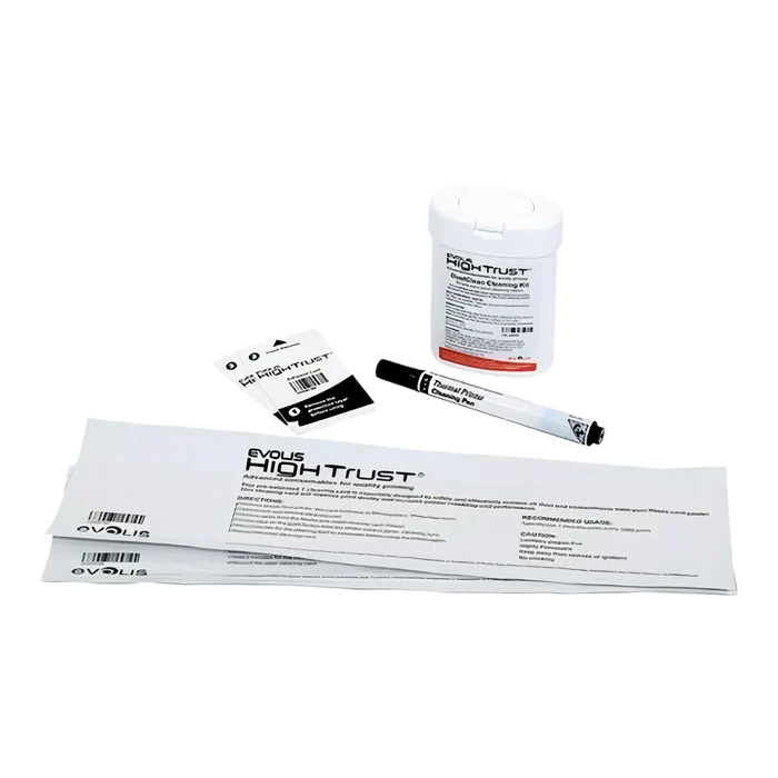 The Evolis Badgy Cleaning Kit comes in a sleek white container and includes a cleaning pen, wipes, and swabs, ideal for maintaining your ID card printer. Sold by Specialist ID.