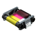 The Evolis CBGR0100C YMCKO Color Ribbon - 100 Prints, for Badgy100 & Badgy200 ID Card Printers features yellow, magenta, cyan, black, and overlay panels. It is partially unwound with gray plastic spools and labeled with part number CBGR0100C.