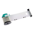 A clear patch lamination ribbon, like the Evolis LPA047NAA 1.0 mil Alternate Clear Patch with Smart Cut Laminate (600 prints, for Primacy and Primacy 2 Laminators), unspools from its cylindrical canister against a white background.