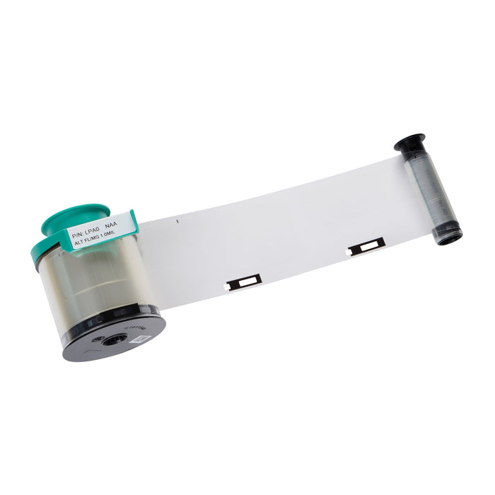 An Evolis LPA072NAA HighTrust Alternate Clear Patch 1.0 mil ribbon cartridge for Avansia and Agilia CLM printers, providing 600 prints with a partially unspooled transparent film and black take-up reel.