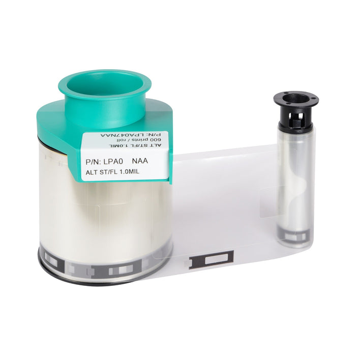 A plastic film ribbon roll with a green spool and part number LPA047NAA, compatible with the Evolis LPA073NAA HighTrust Alternate Clear Patch 1.0 mil for Avansia and Agilia CLM, 600 prints.