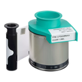A clear 1.0mL medical syringe cartridge with a teal cap sits beside a black and white cylinder, resembling the Evolis LPS028NAA Clear Patch Lamination Ribbon (600 prints), made for Primacy and Primacy 2 Laminators.