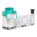 An image of a holographic film roll with labeled parts: a large green spool marked "Evolis LPS029NAA GEN HOLO 0.10MIL" and a smaller transparent roll with metallic film inside, ideal for use with the Primacy Lamination Card Printers to enhance ID card security, providing up to 600 prints per ribbon.