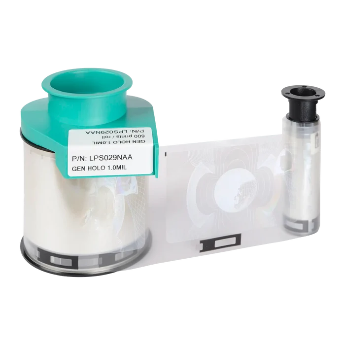 An image of a holographic film roll with labeled parts: a large green spool marked "Evolis LPS029NAA GEN HOLO 0.10MIL" and a smaller transparent roll with metallic film inside, ideal for use with the Primacy Lamination Card Printers to enhance ID card security, providing up to 600 prints per ribbon.