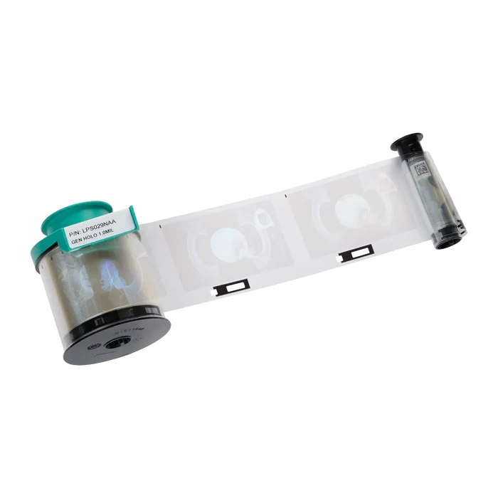 A roll of Evolis LPS029NAA Holographic Patch Ribbon - 600 Prints, compatible with Primacy Lamination Card Printers is shown, reminiscent of the precision found in an ID card security system.