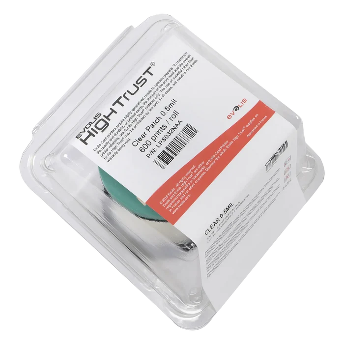 A plastic packaging containing Evolis LPS032NAA Clear Patch Laminate 0.5 mil, designed for 600 prints per roll, perfect for use with Primacy2 and Avansia Lamination ID Card Printers.