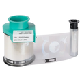 A roll of security holographic film in a green plastic holder, marked "GEN HOLO 0.6MIL," sits alongside a small cylindrical container, perfect for use with Evolis LPS033NAA Generic Holo Patch Laminate - 600 Prints, compatible with Primacy2 and Avansia lamination for your ID card printer.