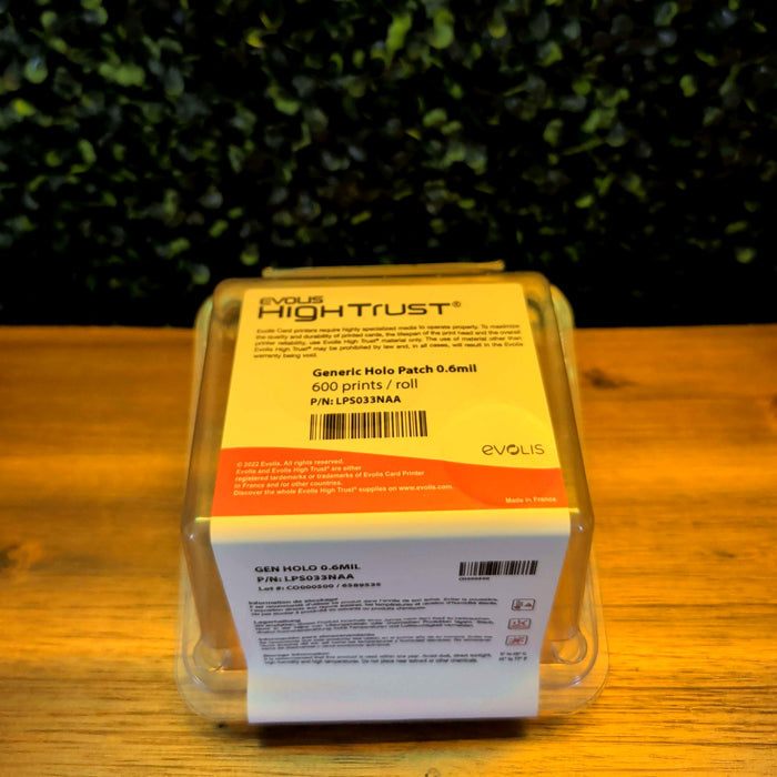 Evolis LPS033NAA Generic Holo Patch 0.6 mil laminate ribbon on bench, 600 prints per roll