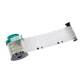 The Evolis LVA036NAA Continuous Varnish Hologram Ribbon (1200 prints), compatible with Evolis Primacy & Avansia Laminators, is a transparent overlay film strip for ID card security, shown partially unrolled between two black spools.