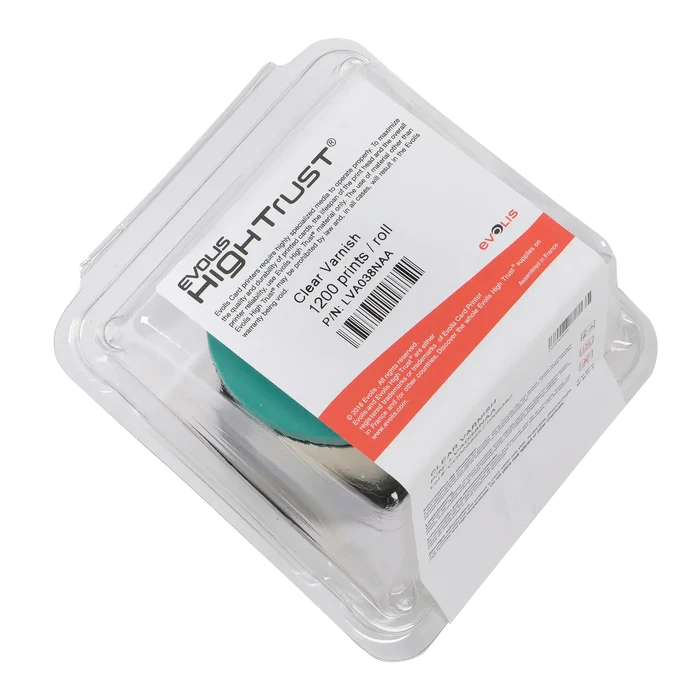 Evolis LVA038NAA Clear Varnish Ribbon in sealed packaging, designed to provide a protective layer for ID cards. This ribbon, labeled with product details, is perfect for use with Primacy2 and Avansia Lamination ID card printers.
