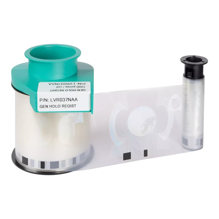 Evolis LVR037NAA Generic Holo Registered Varnish Ribbon (1200 prints), compatible with Primacy 2 and Avansia Laminators, shown on a white background with a green spool and label "P/N: LVR037NAA GEN HOLO REGIST".