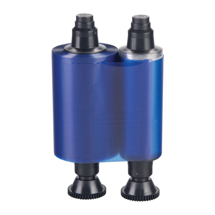 Two Evolis R2012 HighTrust Blue Monochrome Ribbons for Quantum 2 and Securion ID card printers, each with 1000 prints, shown side by side on black plastic spools and isolated on a white background.