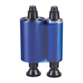 Two Evolis R2012 HighTrust Blue Monochrome Ribbons for Quantum 2 and Securion ID card printers, each with 1000 prints, shown side by side on black plastic spools and isolated on a white background.