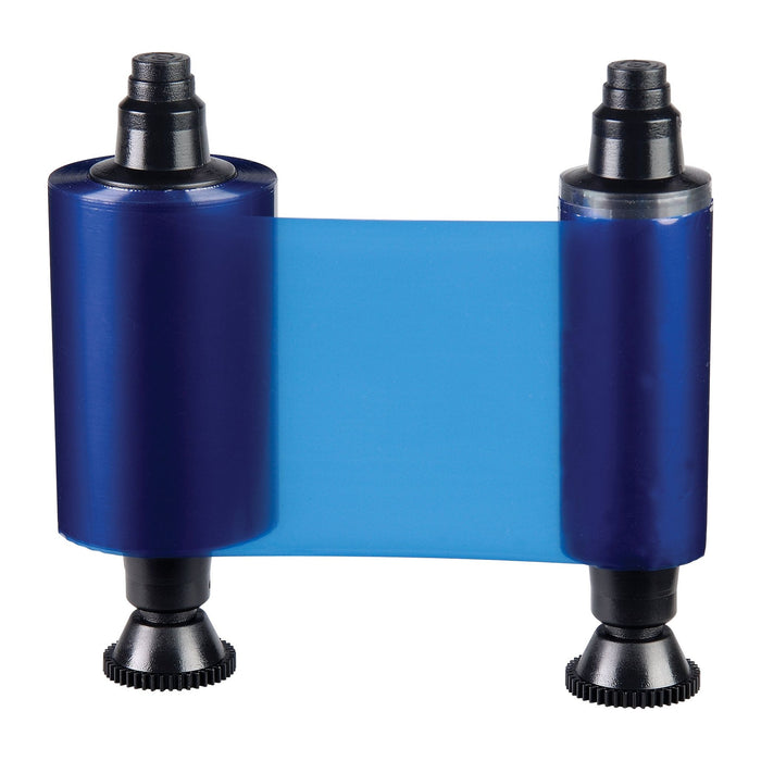 The Evolis R2012 HighTrust Blue Monochrome Ribbon, compatible with Quantum 2 and Securion printers, delivers up to 1000 prints per roll and features both transparent and solid blue sections.