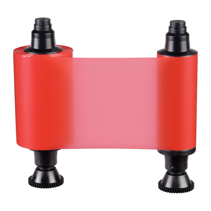 An Evolis R2013 HighTrust Red Monochrome Ribbon for Quantum 2 and Securion, 1000 prints, shown with two black plastic spools at each end and the red film unwound between them.